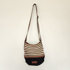 Lucky Brand Purse Tan Brown Natural Linen Faux Leather Bucket Hobo Crossbody Bag